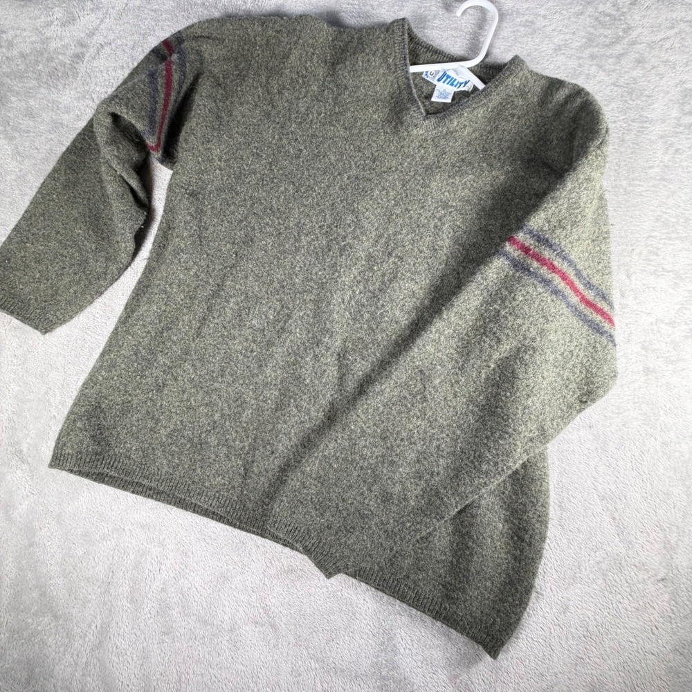Utility Mens XL V-Neck Lambswool Blend Sweater Olive Green Striped Australia